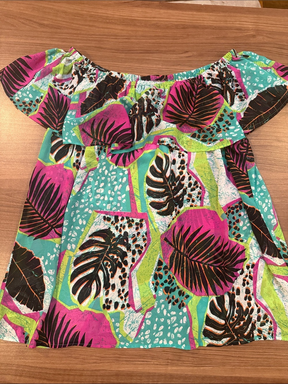 new directions Off-Shoulder Tropical Print Top - Teal, Pink & Lime